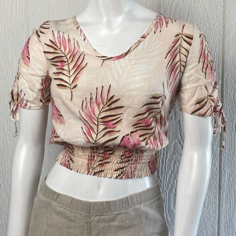 Tropical Print Women Crop Top Small Tie Sleeves Smocked Waist Barbie Vaca Resort - Picture 3 of 10
